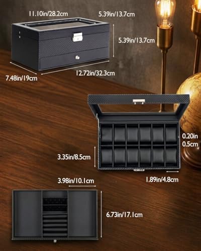 GUKA Watch Box, 12 Slot Watch Case, Watch Cases for men with Real Glass Lid, Synthetic Leather Watch Organizer storage with Jewelry Case, Birthday for Men and Women, Black, GK-012-BKCX - Image 6
