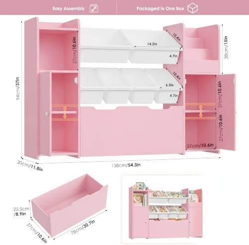2 Pcs 55''W Storage Cabinet with Large Chest, Montessori Bookshelf, Pink - Image 6