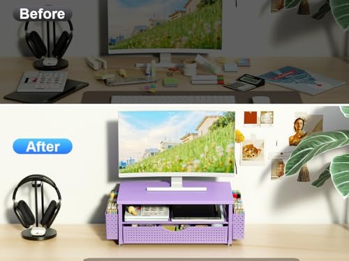 Spacrea Computer Monitor Stand with Drawer and 2 Pen Holders, Purple - Image 3