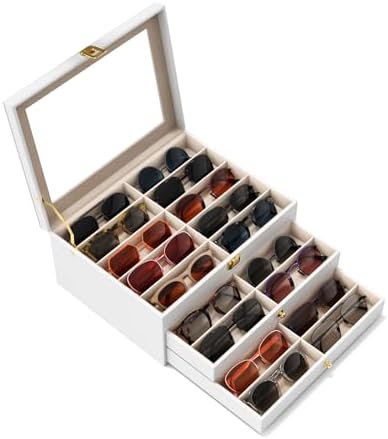 Sunglasses Organizer Storage Box - 30 Slots Eyeglass Display Case for Multiple Pair Glasses, 3-Layer Holder with Clear Glass Lid, Jewelry and Watch Collection Box for Women and Men, White by Sensok
