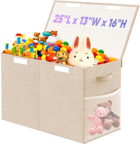 Large Toy Storage Box with Lid, Dividers, Collapsible Kids Toy Chest, Beige by Rocamdo