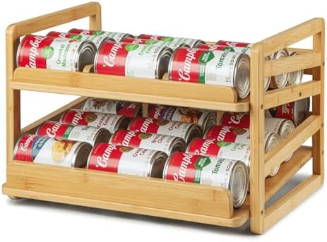 2 Tier Bamboo Rolling Can Rack Organizer for Pantry Up To 27 Cans by Aclema