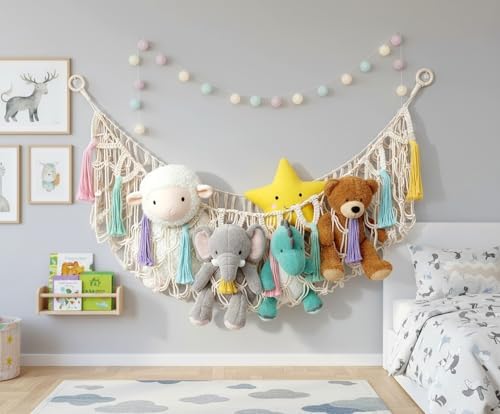 Large Cotton Rope Weaving Stuffed Animal Storage Plush Toy Net Wall Hanging Hammock Organizer Holder with Colorful Tassel for Nursery Room Boho Deco - Image 5