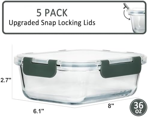 M MCIRCO 5 Pack 36 oz Glass Food Storage Containers with Lids,4.5 Cups,Gray - Image 2