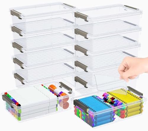 12 Pack Extra Large Pencil Box with Removable Divider, Thickened Pencil Case Bulk, Clear Crayon Marker Organizer Stackable Plastic Small Storage Containers for Pen Craft School Supplies(Grey) by GEOPHIA