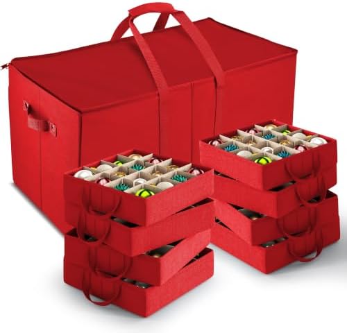 Hearth & Harbor Christmas Ornament Storage Box With 8 Inner Tray Dividers - Non-Woven Ornament Storage Container For 128 Holiday Ornaments or Decorations - Red by HearthHarbor