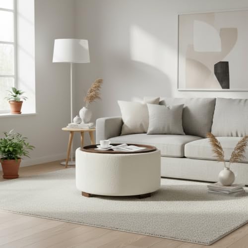 Zihanhome 30 Inch Round Storage Ottoman, Ottoman Coffee Table with Lift Off Lid, Boucle Modern Ottomans with Storage for Living Room, Bedroom, Apartments (Beige) - Image 5