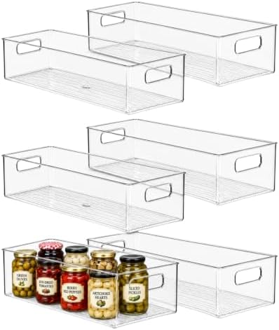 Plastic Food Storage 6 Pack Clear Container Bin with Handles for Organizing Kitchen, Pantry, Refrigerator, Freezer, Pantry, Cabinet, Closet, Bathroom. 12”x6”x5” by primebox