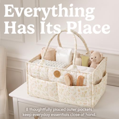 Floral Diaper Caddy Organizer - Portable Diaper Caddy with Handles & Removable Dividers - Large & Quilted Nursery Storage Basket for Girls - Woodland Nursery Decor & Wildflower Gift for Baby Shower - Image 3