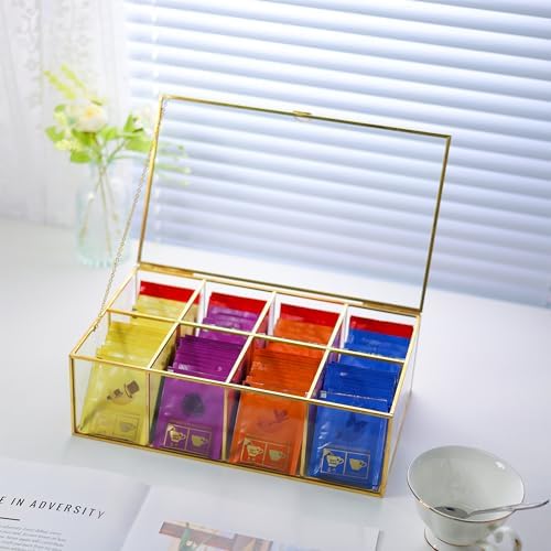 REDHUGO Glass Tea Bag Organizer, 8-Compartment Tea Storage Box, Gold - Image 4