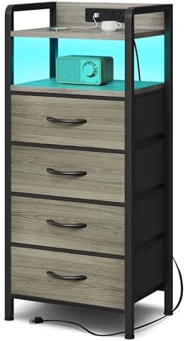 Lazzanto Nightstand with Rear Charging Station, LED Light, 4 Drawers, Grey by Lazzanto