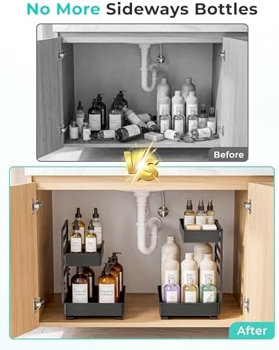 EVERIE Height Adjustable 2 Tier Metal Pull Out Slide Shelf Organizer for Under Sink Cabinets in Kitchen, Bathroom, with Snap-on Top Tray, 16" Deep (Black, 2 Sets) - Image 2