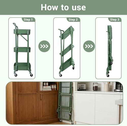 3 Tier Foldable Rolling Cart with Wheels, Metal Folding Utility Cart Organizer, Collapsible Rolling Storage Cart with 3 Hanging Cups & 6 Hooks for Kitchen, Office, Nursery (Green) - Image 3