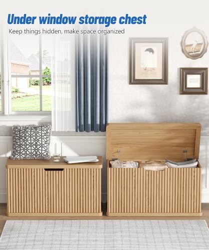 Akxomel 29.5" Fluted Storage Chest Wooden Storage Trunk 2 Safety Hinges Oak - Image 3
