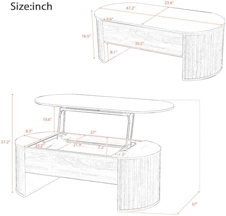 Merax 47.2'' Lift Top Oval Coffee Table with Hidden Storage Compartment, Modern Wooden Center Table with Oval Lift Tabletop for Home Living Room, Light Brown - Image 2
