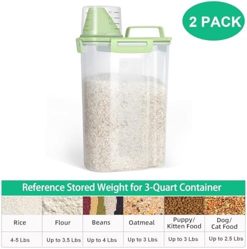 TBMax Rice Container Cereal Storage Container 2 Pack 5 Lbs, Plastic Kitchen Pantry Food Storage Container with Cup, Small Pet Dog Cat Food Dispenser -Green - Image 2