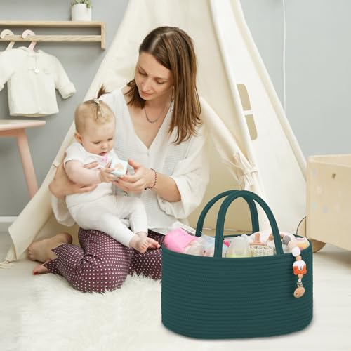 COMSE Large Cotton Rope Baby Diaper Caddy Organizer, Dark Green - Image 3