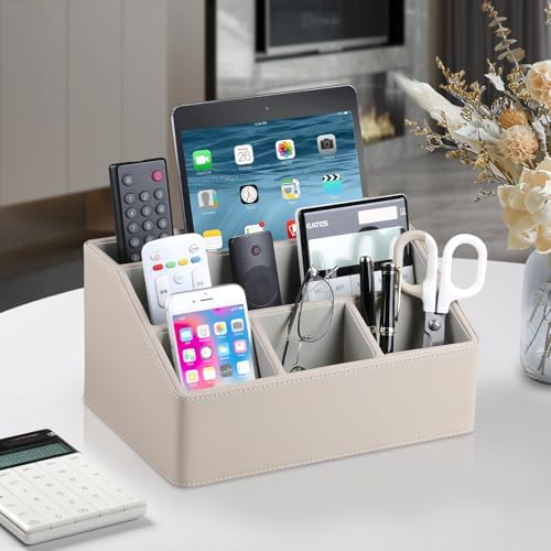 PU Leather Desk Organizer, Remote Control Holder (Dark Beige) - Image 2