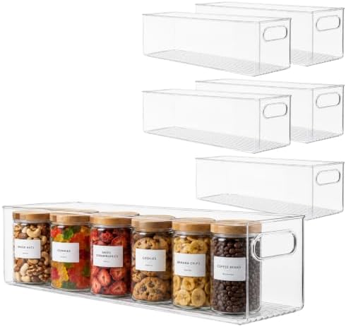 primebox Plastic Food Storage 6 Pack Clear Container Bin with Handles for Organizing Kitchen, Pantry, Refrigerator, Freezer, Pantry, Cabinet, Closet, Bathroom. 20”x6”x5” by primebox