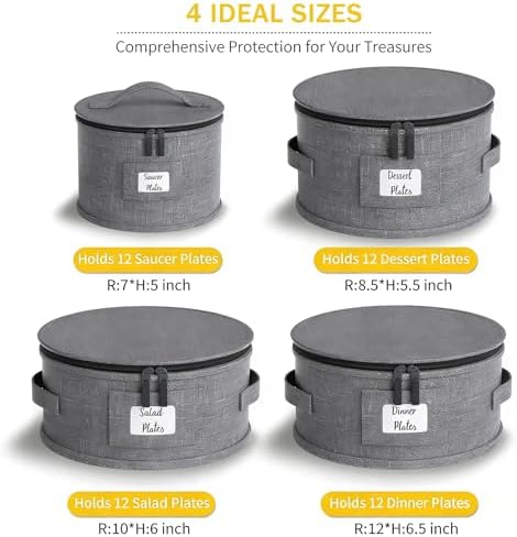 YearningHome China Storage Containers,4 Piece Set,Hard Shell Moving Boxes for Dishes,Plate,Dinnerware,Saucers Quilted Organizer Dividers for Packing Fine China Storage Containers,Grey - Image 2
