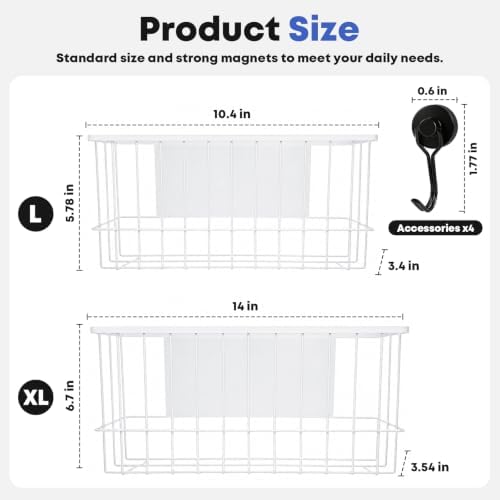 Magnetic Holder for Wool Dryer Balls & Lint Bin (2-Pack, White) – Extra Long 14.2" & 10.4" Metal Laundry Trash Can – Washer Side Organizer with 4 Magnetic Hooks (Balls Not Included) - Image 3