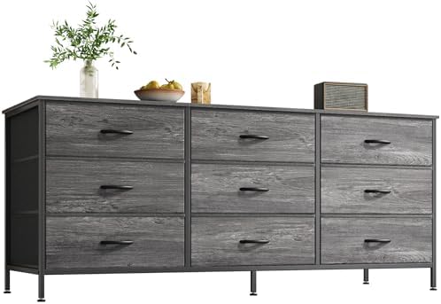 Huuger Long Dresser for Bedroom, 55 Inch TV Stand for 55, 60 Inch TV, Entertainment Center with Drawers, Large Storage Fabric 9 Drawer Dresser, Closet, Grey by Huuger
