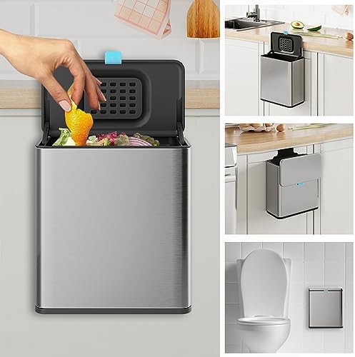 Stainless Steel Hanging Trash Can with Lid and Inner Bucket, 2 Gallon Kitchen Compost Bin for Counter Top, Under Sink or Wall Mount, Small Garbage Can for Cupboard/Bathroom/Bedroom/RV by LINSSEN