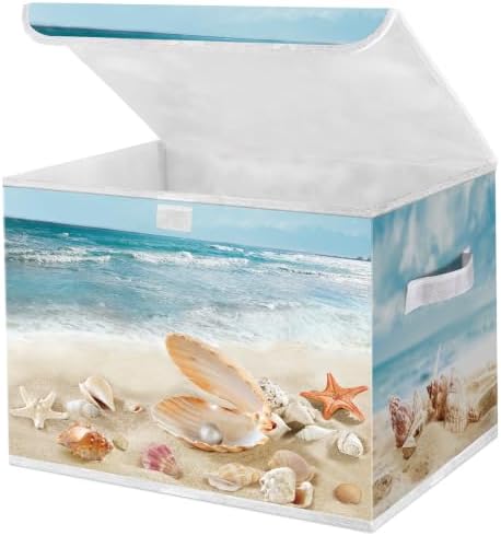Briwooody Beach Storage Bin with Lid Handle Coastal Foldable Storage Box by Briwooody