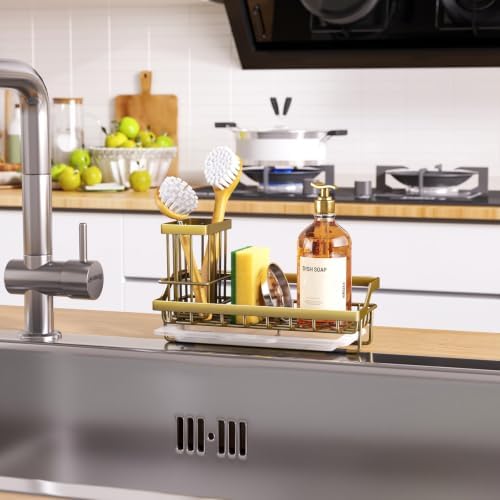 Consumest Sponge Holder for Kitchen Sink - Sink Caddy with Dish Brush Holder, Stainless Steel Kitchen Organizer with Drip Tray for Countertop, Darker Gold - Image 7