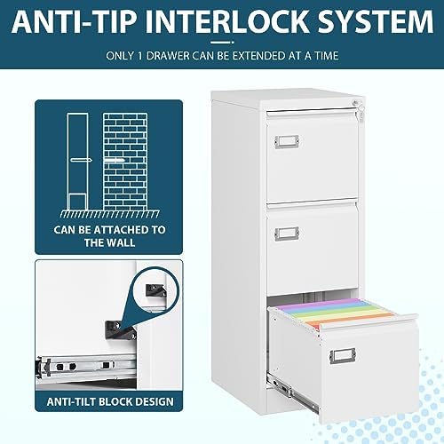 MIIIKO 3 Drawer File Cabinet, White Vertical Filing Cabinets with Lock, Home Office File Folders Storage Cabinet for Letter Legal A4 File Size - Image 5