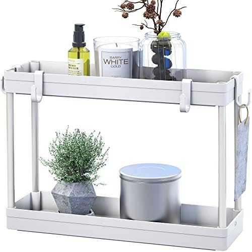 Simple Houseware 2-Tier Under Sink Organizer Storage Tray with Hooks, White - Image 6