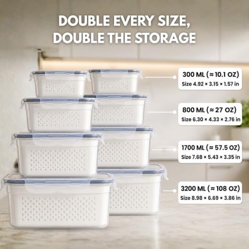 8 Pack Plastic Fruit Storage Containers for Fridge with Removable Colander - Image 2