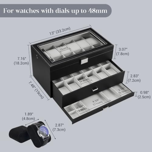 ProCase 3-Layer Watch Box with Glass Lid for Men, 24-Slot, Black - Image 3