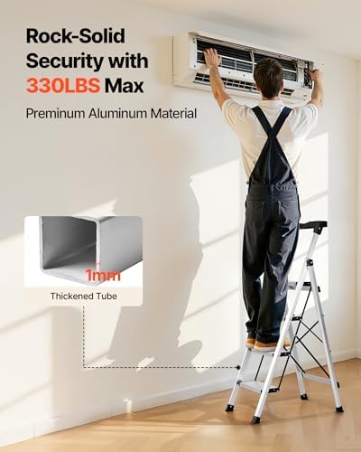 VEVOR 4 Step Ladder, Folding Step Stool with Wide Anti-Slip Pedal and Comfort Handgrip, 330 lbs Capacity Portable Aluminum Stepladder, Multi-Use for Kitchen, Home, Warehouse and Office, Silver - Image 4