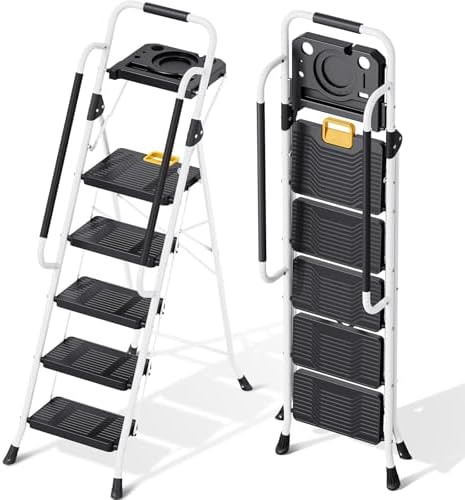 KINGRACK 5 Step Ladder, Folding Step Ladders for Home, 800lb Capacity,White by KINGRACK
