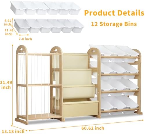 3-in-1 Toy Storage Organizer with Bookshelf, 12 Bins & Kids Bookshelf - Image 2