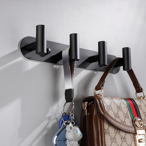Coat Hook Rack, Wall Mounted Coat Rack with 4 Hooks, Heavy Duty Towel Hooks Rack Wall Hooks for Hanging Clothes Jacket, Stainless Steel Coat Hanger for Bathroom Entryway Mudroom(Matte Black) - Image 2