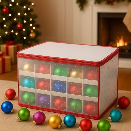 Jumbl Christmas Ornament Storage Box with Dividers – Holds Up to 112 Ornaments, Adjustable Compartments – Stackable Holiday Storage Container with Zipper Closure & Handles - Image 2