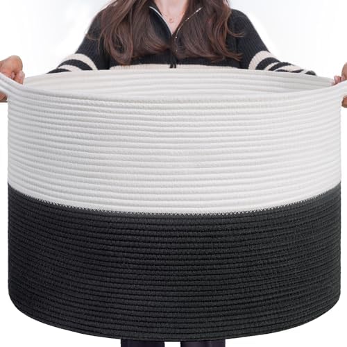 INDRESSME XXXLarge Woven Rope Blanket Basket Living Room White Black, 90L by INDRESSME