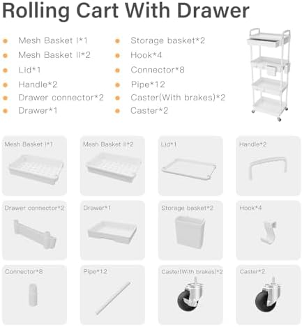 4 Tier Rolling Utility Cart with Drawer,REBECAT Utility Cart Made of Multifunctional Storage Organizer Tool for Kitchen,Bathroom,Living Room,Office(Gray) - Image 4