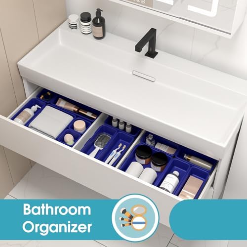 6 PCS Drawer Organizer Set, 3 Size Makeup Drawer Divider Organizer With Non-Slip Pads, Interlocking Plastic Storage Bins for Office,Jewelry Vanity,Gadgets, Bathroom,Kitchen, Navy - Image 7