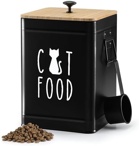 PERFNIQUE Cat Food Storage Container, Airtight Cat Treat Container with Bamboo Lid, Pet Food Storage for Kitchen Countertop, Treat Jars for Pets, Cat Food Container (Black, with Spoon) by PERFNIQUE