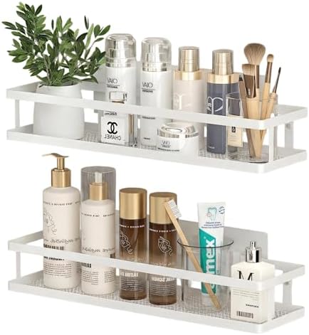 PUSDON 2-Pack 16.5" Extra Long Slim Shower Caddy, Adhesive Wall Mount Bathroom Organizer, Rustproof Open Frame Mesh Spice Rack for Kitchen, Holds 50LBS - White, Guardrail by PUSDON