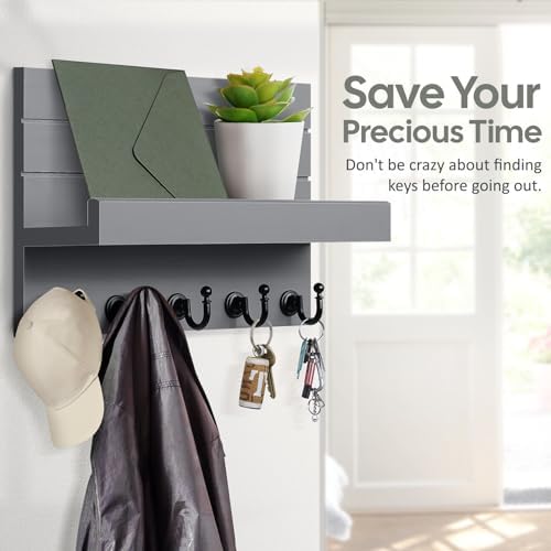 HONJIN Key and Mail Holder for Wall: Rustic Key Hanger Key Rack Organizer with 5 Sturdy Key Hooks for Entryway Bedroom Kitchen House Decor (Grey) - Image 3