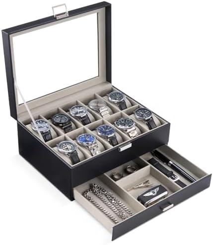ProCase Watch Box, 10 Slot Watch Display Case with Drawer -Black by ProCase