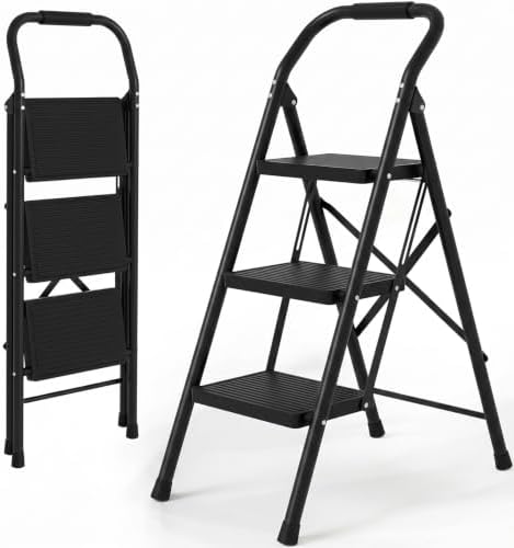 3 Step Ladder Folding 330lbs Anti Slip，Foldable Ergonomic with Wide Pedal for Home, Kitchen, OfficeMatte Black by Unknown