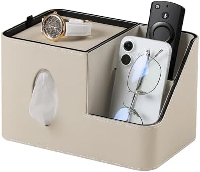 PU Leather Square Tissue Box Cover with Magnetic Closure, Tissue Holder with Storage Tray & Remote Control Organizer, for Nightstand, Living Room, Bathroom, Office Desk (Beige) by Unknown