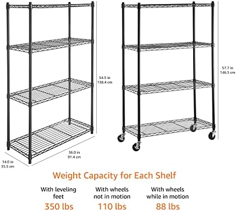Amazon Basics 4-Shelf Heavy Duty Garage Shelving Storage Unit on 3" Wheel Casters, Adjustable Metal Wire Rack with Leveling Feet, 36" x 14" x 57.75", Black - Image 5