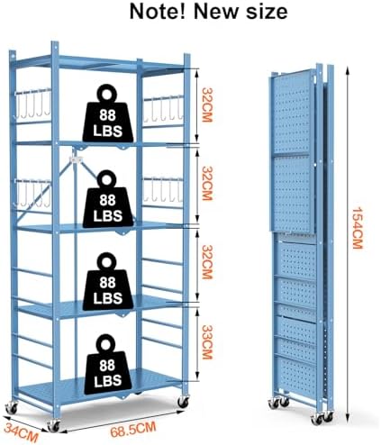 Himix 5-Tier Foldable Storage Shelves with 20 Hooks Wheels Garage Blue - Image 3
