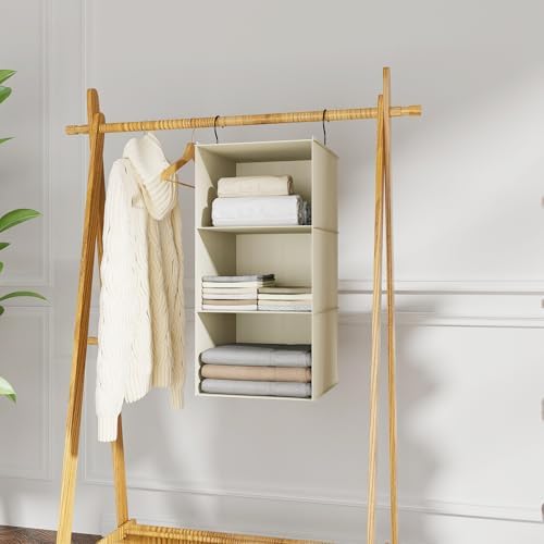 Hanging Closet Organizer 3-Shelf, Oxford Fabric Wardrobe Storage, Beige - Image 2